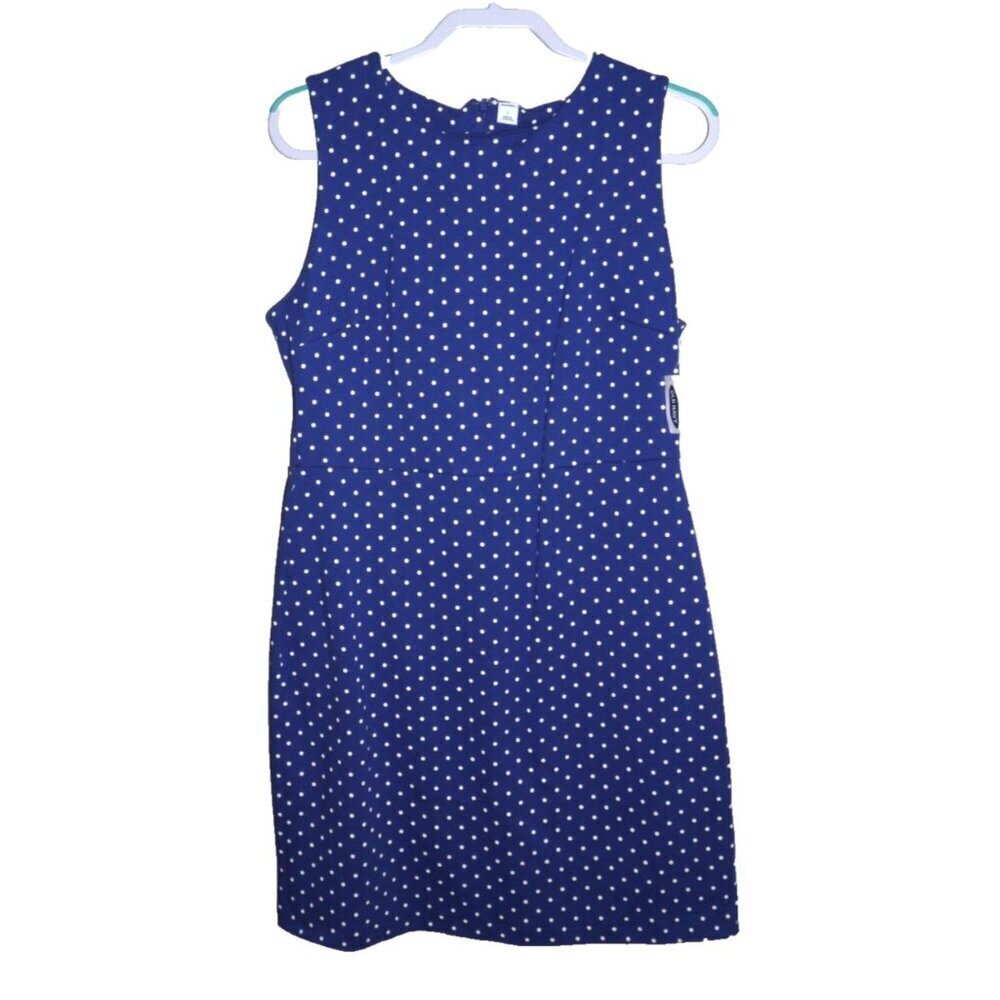 OLD NAVY sleeveless blue & white cotton blend polka dot dress women's size L NEW